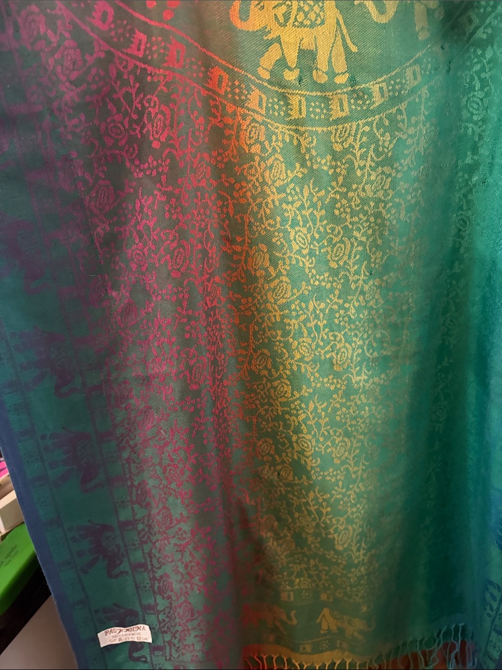 pashmina Teal, Pink and Gold Woven Pashmina Wrap